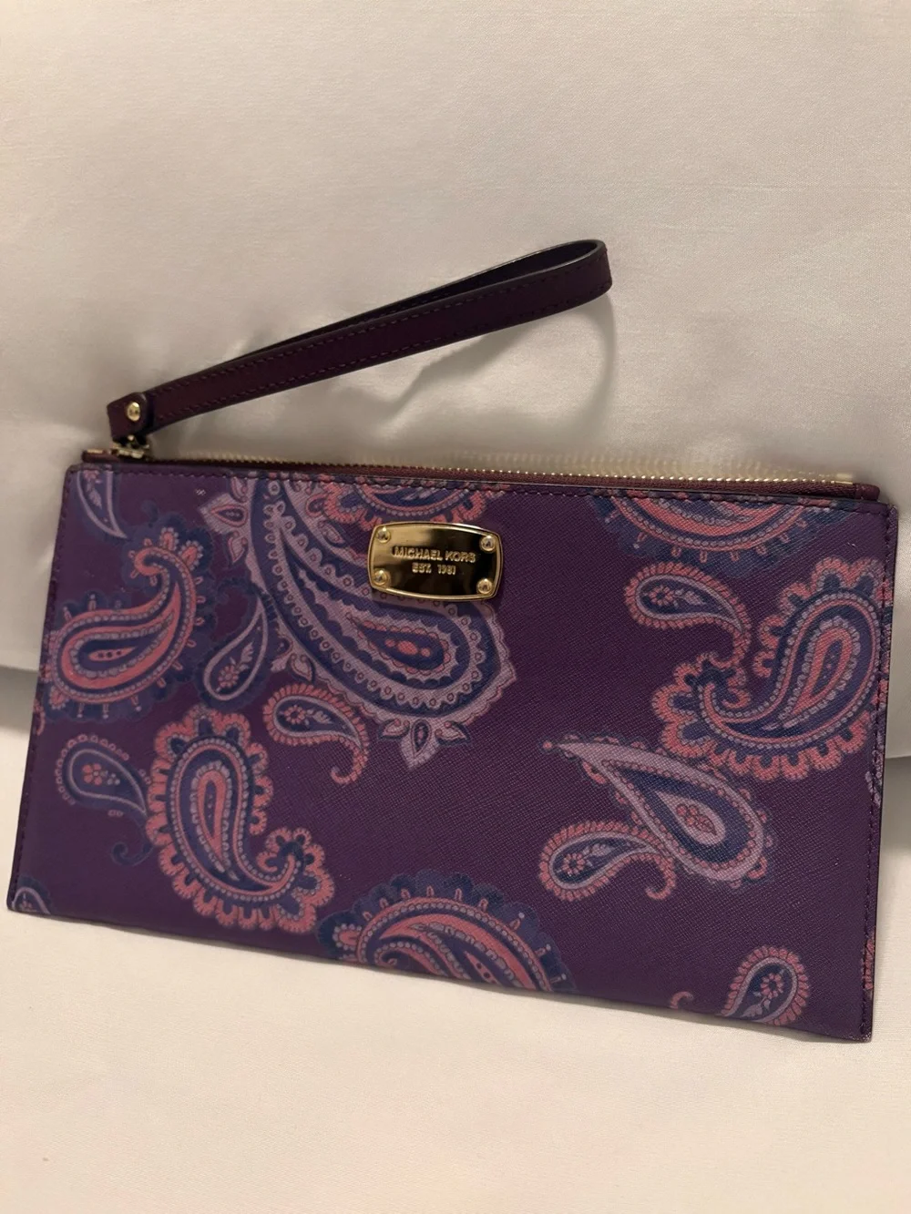 Michael Kors Purple Paisley Zip Wristlet with Gold Plate - Used